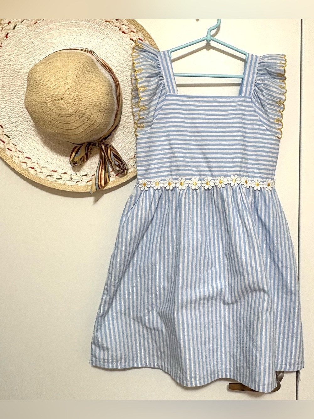 Charming Blue and White Striped Dress with Floral Accents